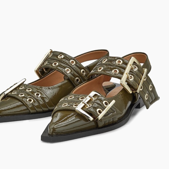 GANNI Buckle Ballerina Flats Slingbacks Sandals Military Olive BRAND NEW w/ Box - Picture 2 of 10